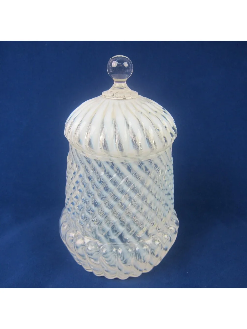 Antique Northwood Chrysanthemum Swirl Opalescent White Glass Jar with Lid RARE